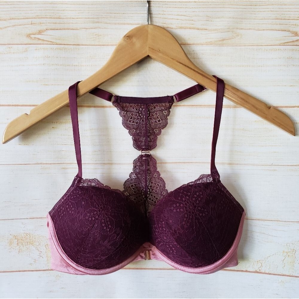 PINK Victoria's Secret Date Push-Up Lace Bra Women's Size 34D Pink Burgundy